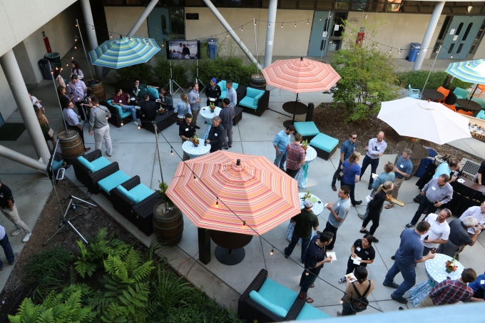 image of people gathered in outdoor space with umbrellas up.